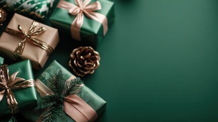 An elegant arrangement of beautifully wrapped gift boxes, adorned with ribbons and greenery, ideal for celebrations, showcasing festive spirit and thoughtfulness in gifting.