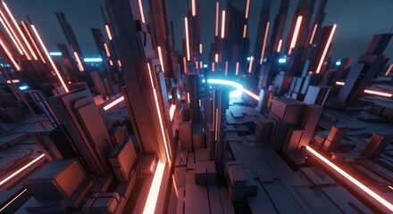 An abstract, futuristic cityscape composed of sleek, illuminated structures. Neon lights streak across the environment, creating a sense of dynamic urban life, as if looking upon an imagined future.