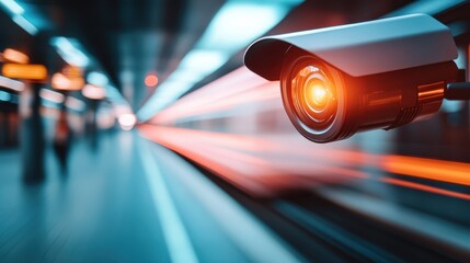 A cutting-edge surveillance camera captures the dynamic energy of a busy train station, symbolizing safety and modernity in urban transportation environments.