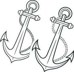 Vintage Nautical Anchor Illustration – Two Overlapping Anchors with Central Shanks, Rounded Loops, and One Wrapped in Coiled Rope – Classic Black Outline Marine Design for Logos, Tattoos, Decorative