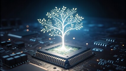 Digital code tree growing from microchip, symbolizing tech evolution, bright on black