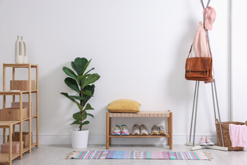 Different footwear, clothes and accessories in hallway