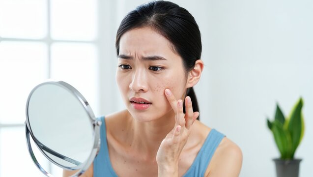 Concerned asian woman examining facial acne in mirror at home, visibly worried as she gently touches blemishes on her cheek.