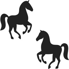 Playful Trot Horse Silhouettes – Two Solid Black Horses in Motion with Flowing Manes, One Larger Than the Other – Graceful Equine Illustration on White Background for Logos, Prints, and Decorative Art
