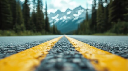 A breathtaking view of a scenic open road winding towards majestic mountain peaks, inviting travelers to explore the beauty of nature and the thrill of adventure.