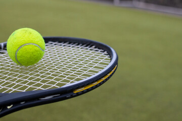 Tennis Ball Resting on Racket Close-Up