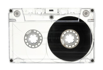 One audio cassette with magnetic tape isolated on white