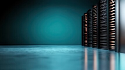 A high-tech data center boasting rows of server racks illuminated by ambient lighting, showcasing modern technology's essential role in our digital age and connectivity.