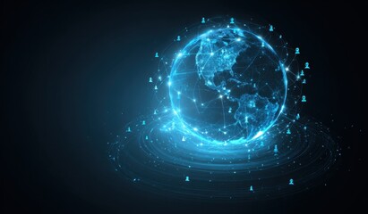 Obraz premium Abstract global network concept with a blue glowing planet and human icons on a dark background a social media banner design or a business technology template Generative AI