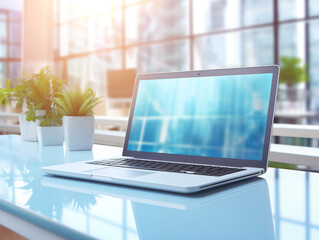 Modern Laptop with Futuristic Digital Interface on Screen in Office Environment