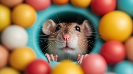A cute and curious mouse peers out from a colorful arrangement of balls, bringing a sense of playfulness and whimsy to a vibrant and engaging composition.