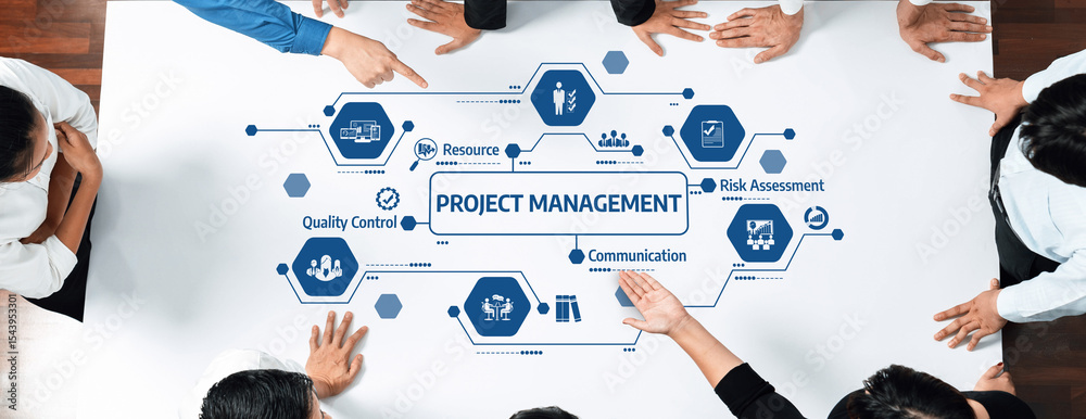 Poster explore a visual representation of project management techniques that emphasizes collaboration, risk