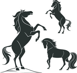 Stylized Black Horse Silhouette Illustration – Three Dynamic Equine Poses Including Rearing, Standing Profile, and Forward-Facing Horse with Flowing Manes – Artistic Vector Design for Logos, Prints, 