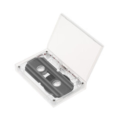 Audio cassette in open box isolated on white