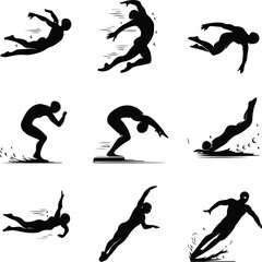 Obraz premium Diving Pose Silhouette Icons – Swimmer Action Symbol Collection Swimmer Diving Icon Silhouette Set – Athletic Water Sports Pack