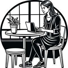 Black and white vector illustration of a woman working on a laptop by the window. Perfect for freelance, remote work, and home office concepts.