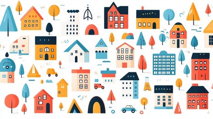 Fototapeta premium A colorful illustration showcasing various houses, trees, and buildings in a whimsical design.