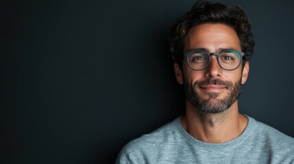 A compelling portrait of a smiling man with curly hair and glasses set against a dark background, conveying warmth, confidence, and approachability.