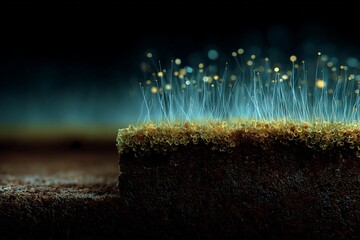 Close up of fungal mycelium emitting faint bioluminescent glow underground natural forest soil section shown scientific realism