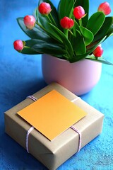 Orange Card Mockup Next to Kraft Gift Box and Pink Potted Plant