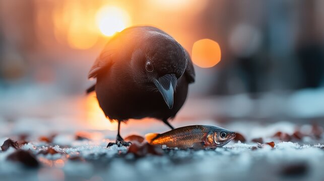 A black crow intently examines a fish against the backdrop of a warm sunset, capturing a moment of nature's beauty and survival instinct in a serene setting.
