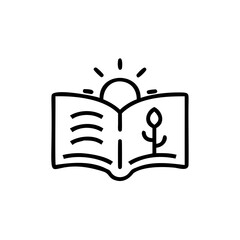 Open book illustration featuring a sun plant and wavy lines symbolizing ecology and environmental awareness