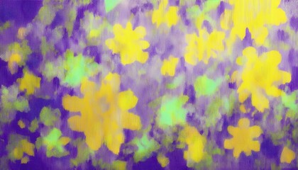  vibrant abstract floral pattern with large yellow daisy like shapes on textured purple background with green accents for bold halloween web design or poster branding