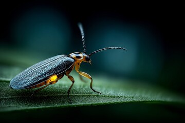 Close up of firefly resting a green leaf in low light emitting soft natural bioluminescence from its abdomen captured in a macro realistic setting