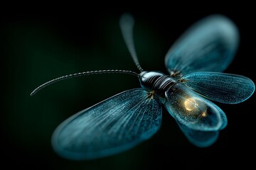 Close up of firefly abdominal light organ emitting controlled bioluminescence during flight highly realistic macro view