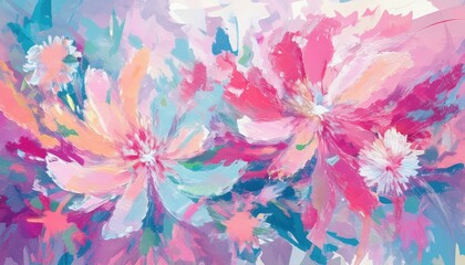 vibrant pastel floral abstraction with pink and turquoise brushstrokes for modern wall art and spring design projects
