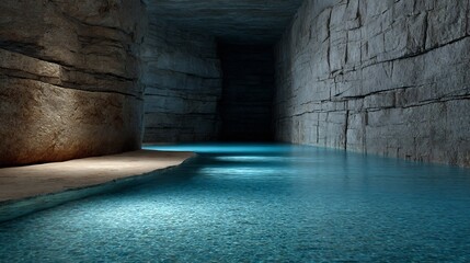 Cave pool soft blue bioluminescence glowing under the surface limestone walls and natural shadows in realistic lighting