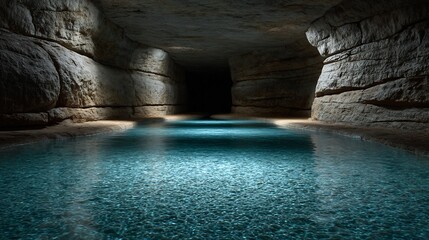Cave pool soft blue bioluminescence glowing under the surface limestone walls and natural shadows in realistic lighting