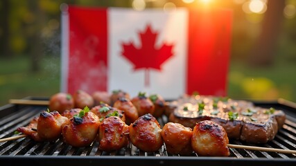 Festive canadian barbecue scene with chicken skewers, steak and flag backdrop
