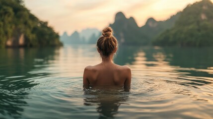 Fototapeta premium A serene image of a woman enjoying a moment of tranquility, standing in calm waters during twilight, showcasing the beauty of nature and self-reflection at dusk by the lake.
