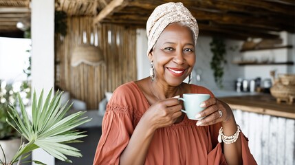 Smiling senior african american woman drinking coffee at home