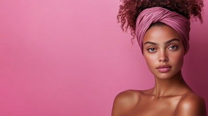 Naklejka premium A stunning woman with a pink headwrap poses gracefully against a vibrant pink backdrop, exuding confidence, beauty, and modern elegance.