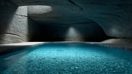 Cave pool soft blue bioluminescence glowing under the surface limestone walls and natural shadows in realistic lighting