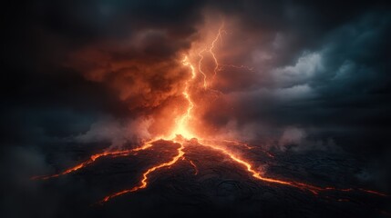 Fototapeta premium A dramatic volcanic eruption with flowing lava and lightning against a dark stormy sky, showcasing the raw power and unpredictability of nature's fierce phenomena.