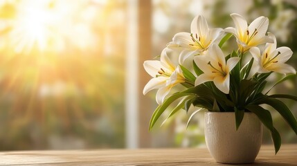 A beautiful arrangement of white lilies in a tranquil setting, illuminated by sunlight, creating a serene atmosphere that conveys purity and calmness in everyday life.