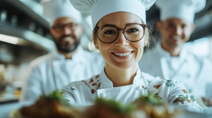 This vibrant kitchen scene shows a smiling female chef proudly presenting a delicious dish, flanked by her enthusiastic colleagues, showcasing teamwork in culinary arts.