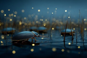 Bioluminescent water beetles glowing faintly shallow wetland pool at dusk realistic macro wildlife photography in native habitat