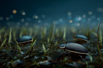 Bioluminescent water beetles glowing faintly shallow wetland pool at dusk realistic macro wildlife photography in native habitat