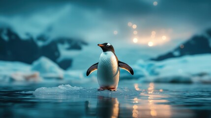 Fototapeta premium A gentle penguin stands gracefully on a small ice floe surrounded by icy waters, encapsulating the serene beauty of the Antarctic in a stunning twilight setting.