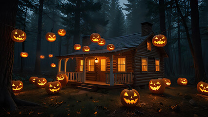 A swarm of flying jack-o'-lanterns attacking a small cabin in the woods, their mouths open with fire pouring out.
