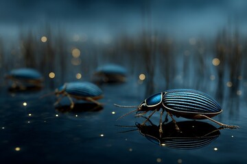 Bioluminescent water beetles glowing faintly shallow wetland pool at dusk realistic macro wildlife photography in native habitat