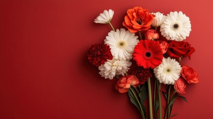 Obraz premium A vibrant arrangement of various flowers against a bold red backdrop, evoking emotions of love, joy, and beauty, perfect for celebrations and special occasions.