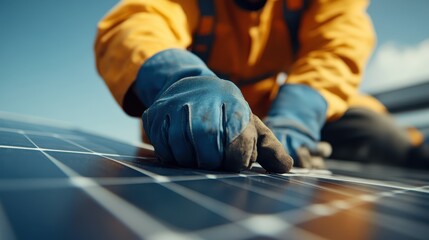 A skilled worker wearing protective gear is expertly installing solar panels on a rooftop, highlighting the importance of renewable energy and sustainable practices in today’s world.