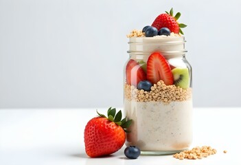 Layered Fruit and Seed Overnight Oats in Mason Jar – Healthy Breakfast and Clean Eating Concept

