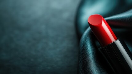 A classic red lipstick rests elegantly on a smooth surface, showcasing beauty products in a glamorous light, emphasizing the allure and artistic presentation of cosmetics.