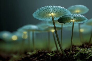 Bioluminescent toadstools glowing rainforest floor under thick canopy green glow in humidity filled natural environment